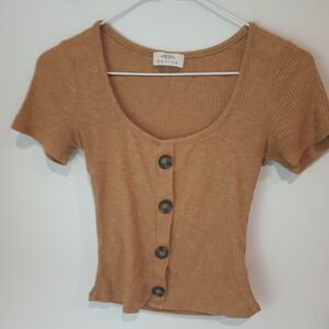 Tan Ribbed Button-Down Top